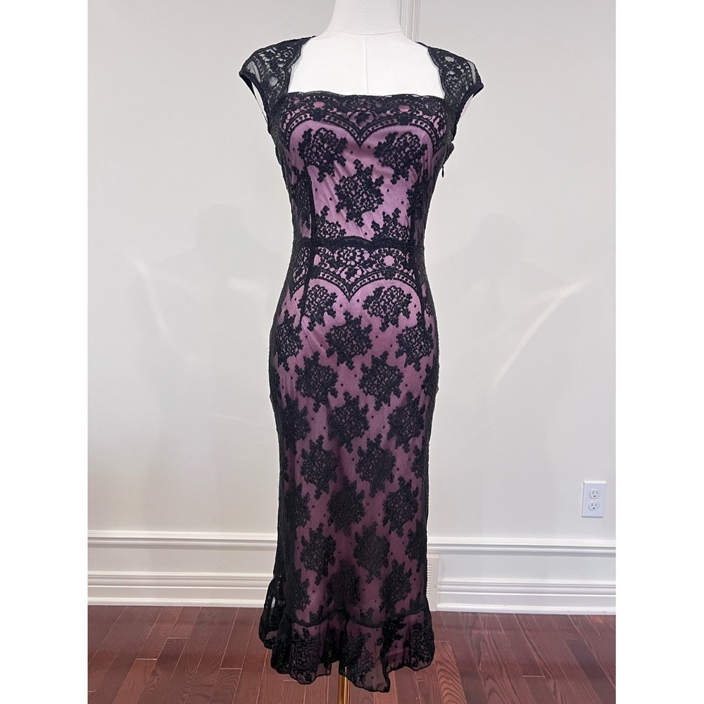 XS Clothing Vintage Black Lace Mauve Square Neck Ruffle Whimsigoth Midi Dress